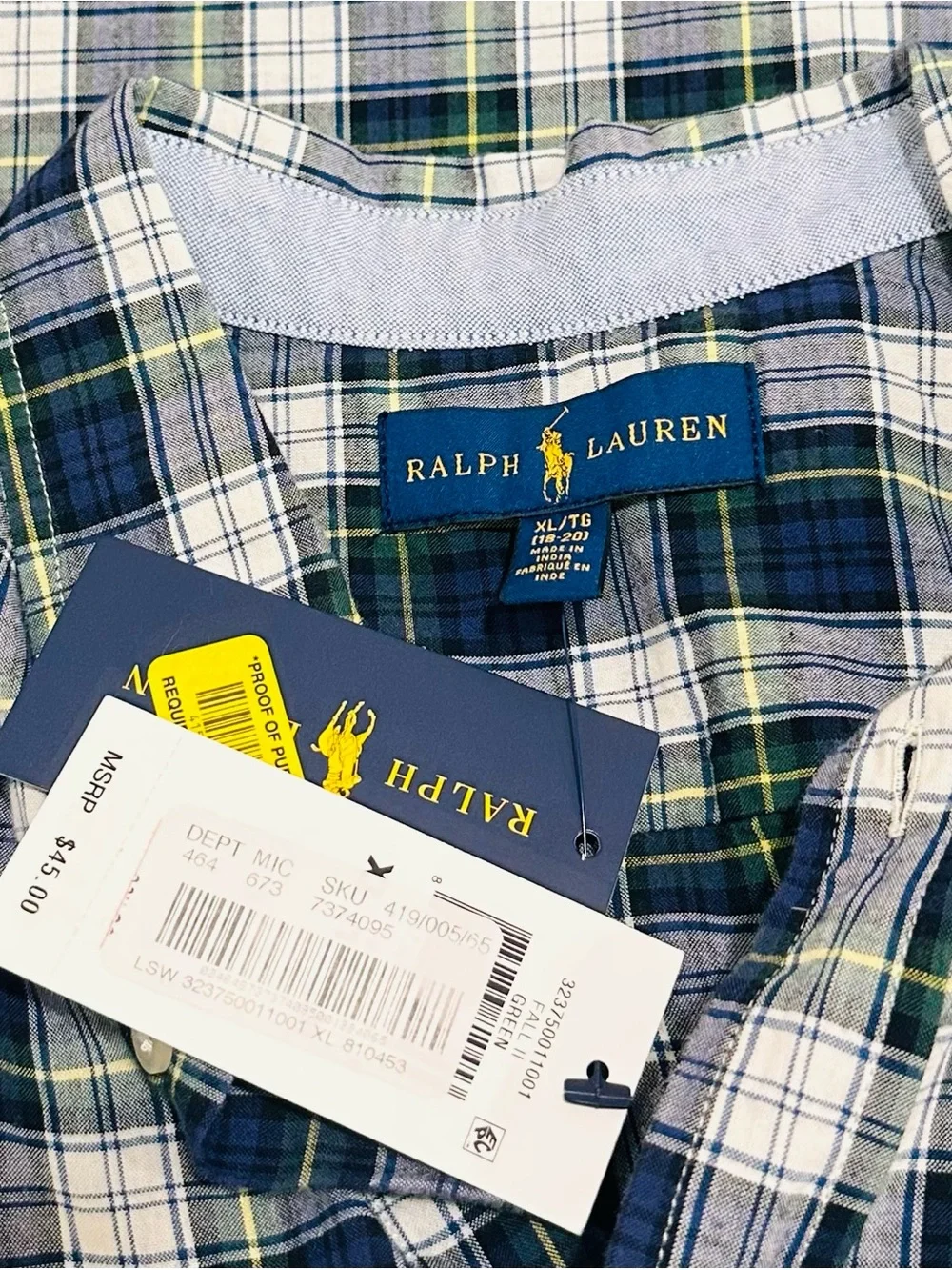 Ralph Lauren Boys Size XL (18-20) Blue And Green Plaid Button Down  Shirt  NWT
